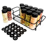 Suporte Cesto Ferro com Alça + 15 Potes Tempero 130ml de Plástico para Condimentos Especiarias Temperos com Tampa Dosadora Dupla + Adesivos