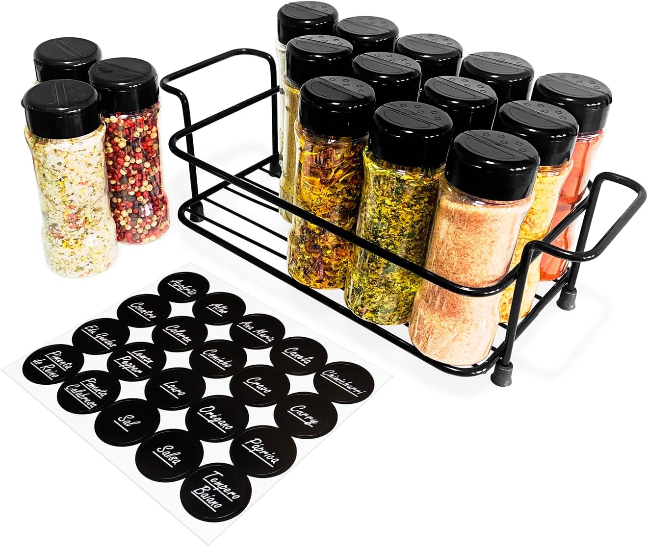 Suporte-Cesto-Ferro-com-Alca-15-Potes-Tempero-130ml.jpg Suporte Cesto Ferro com Alça + 15 Potes Tempero 130ml de Plástico para Condimentos Especiarias Temperos com Tampa Dosadora Dupla + Adesivos