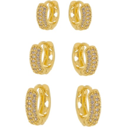 Trio De Brincos Argolas De Click Cravejadas Folheadas