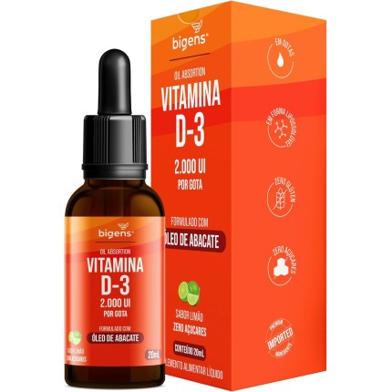 Vitamina D3 Liquida, 2000UI por gota, formlado com óleo de abacate, Sabor Limão, Unidade 20mL, Bigens (Unidade)