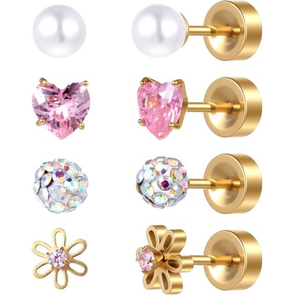 Yolev Conjunto de 4 pares de brincos de aço inoxidável para meninas e crianças pequenas, brincos fofos com costas planas para orelhas sensíveis, brincos para meninas e mulheres