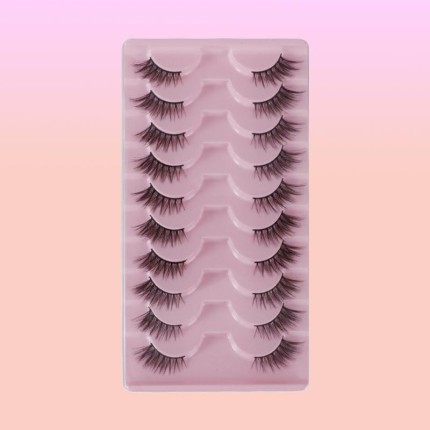 10 pares de cílios meio olho de gato com pinça e escova, cílios finos de 10 mm com faixa transparente, estilo 1