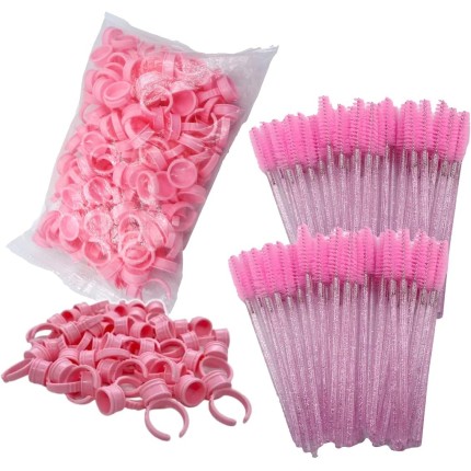 100 Escovinhas Cílios + 100 Anel Batoque Cola Henna Tamanho:Rosa+17mm