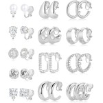 13 pares de brincos de pressão para mulheres, banhado a ouro 14 K, brincos de argola grossa, zircônia cúbica, tubo torcido, gota d'água, croissant, conjunto de joias de brincos falsos e