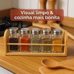 Conjunto de 06 Porta Condimentos de Vidro com Suporte de Bambu para Cozinha – Organizador de Temperos com Frascos Transparentes e Tampas Metálicas para Bancada - Imagem 3