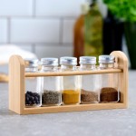 Conjunto de 06 Porta Condimentos de Vidro com Suporte de Bambu para Cozinha – Organizador de Temperos com Frascos Transparentes e Tampas Metálicas para Bancada - Imagem 6