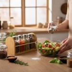 Conjunto de 06 Porta Condimentos de Vidro com Suporte de Bambu para Cozinha – Organizador de Temperos com Frascos Transparentes e Tampas Metálicas para Bancada - Imagem 7