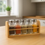 Conjunto de 06 Porta Condimentos de Vidro com Suporte de Bambu para Cozinha – Organizador de Temperos com Frascos Transparentes e Tampas Metálicas para Bancada - Imagem 8