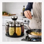 Porta Temperos com Suporte Giratório 6 Potes de Vidro Organizador de Condimentos Base Inox Rotativa Compacto para Cozinha Armazenamento Prático - Imagem 5