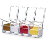Porta Temperos Acrílico Cristal Transparente com 4 Potes e Colheres Organizador de Condimentos Cozinha Moderna Prática e Elegante 220ml