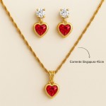 Conjunto Colar E Brinco Coração C/Zircônia Vermelho Banhado a Ouro Corrente 45cm Dourado - Imagem 4