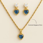 Conjunto Colar E Brinco Coração C/Zircônia Azul Banhado a Ouro Corrente 45cm - Imagem 3