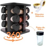 Porta Tempero Giratório 360° 12 Potes de Vidro 85ml Base Compacta Preta Tampa Dosadora 3 Níveis Organizador de Condimentos para Cozinha Suporte para Especiarias - Imagem 3