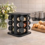 Porta Tempero Giratório 360° 12 Potes de Vidro 85ml Base Compacta Preta Tampa Dosadora 3 Níveis Organizador de Condimentos para Cozinha Suporte para Especiarias - Imagem 5