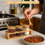 porta tempero 3 potes colher condimento suporte mantimentos bambu 300Ml cozinha - Imagem 7