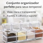 Porta Temperos com 4 Potes Transparente com Tampa e Colheres – Organizador de Temperos com Suporte para Cozinha, Porta Condimentos Acrílico, Kit 9 Peças - Imagem 3