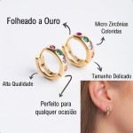 Brinco Argola Dourado com Fecho Click e Micro Zircônia Colorida Semijoia Folheada a Ouro 18k - Imagem 5