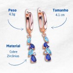 Brinco Feminino Cristais Zircônia Azul "Puro Brilho" – 4,1cm – Semijoia Elegante Clássica e Versátil para Todas as Ocasiões – Acompanha Bolsa de Veludo - Imagem 3