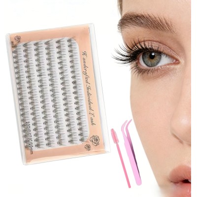 120 peças de cílios postiços com escova de cílios e pinça, 0,07 C Curl cílios individuais macios feitos à mão - 10 mm