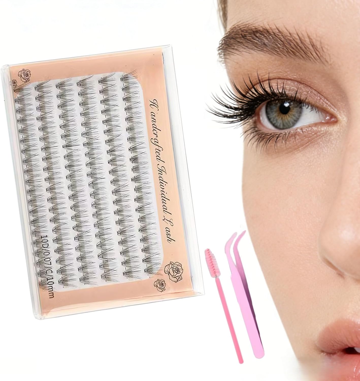 1778538122_120-pecas-de-cilios-posticos-com-escova-de-cilios-e.jpg 120 peças de cílios postiços com escova de cílios e pinça, 0,07 C Curl cílios individuais macios feitos à mão - 10 mm