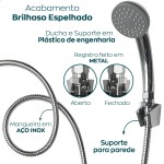 Dona D Cor, Ducha Chuveiro Autolimpante Redondo Cromado Articulável Com Chuveirinho de Mão Haste Curvada 25cm Inox Para Aquecedor a Gás Derivador Parade Banheiro - Imagem 5