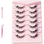 7 pares de cílios postiços olho de gato com pinça e escova, cílios curvados curtos e fofos 8D de volume fino, reutilizáveis para iniciantes