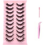 10 pares de cílios postiços com pinça e escova, cílios 8D Wispy Cat Eye Volume