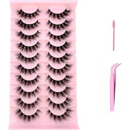 10 pares de cílios postiços com pinça e escova, cílios 8D Wispy Cat Eye Volume