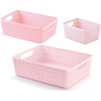 Kit 3 Cestos Organizadores Multiuso Rattan Home Organizer P-M-G Cor: Rosa