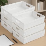 Kit 6 Cesto Organizador Plástico Design Juta Multiuso Cozinha Banheiro Lavanderia Resistente Compacto Decorativo (Branco, 5,2 litros)