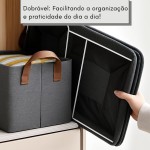 Kit 2 Organizadores Dobráveis Estruturados 25L – Cesto Organizador para Armario, Roupas e Sapatos | Poliéster Premium + MDF e Metal, 46,5x28x19 cm – Cinza com Alcas Caramelo - Imagem 4