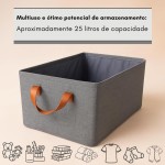 Kit 2 Organizadores Dobráveis Estruturados 25L – Cesto Organizador para Armario, Roupas e Sapatos | Poliéster Premium + MDF e Metal, 46,5x28x19 cm – Cinza com Alcas Caramelo - Imagem 5