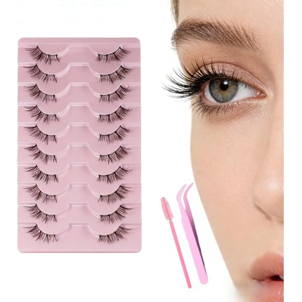 10 pares de cílios meio olho de gato com pinça e escova, cílios finos de 10 mm com faixa transparente, estilo 1