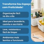 Kit Organizador Multiuso Com 2 Cestos Retangulares em Plástico Vazado com Alças de Madeira Branco Para Roupas e Acessórios - Cestos com Alças de Madeira (BRANCO) - Imagem 5