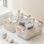 Kit Organizador Multiuso Com 2 Cestos Retangulares em Plástico Vazado com Alças de Madeira Branco Para Roupas e Acessórios - Cestos com Alças de Madeira (BRANCO) - Imagem 6