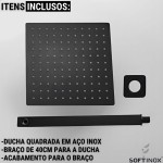 SOFTINOX Ducha Quadrada Articulada 30x30cm com Braço 40cm – Aço Inox 304, Preto Fosco, Design Slim, Ideal para Banheiro, Piscina e Áreas Externas - Imagem 9