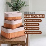 Kit 3 Cestos Organizadores Bambu com Forro Removível Multiuso Banheiro Cozinha Lavanderia Decorativo - Imagem 3