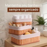 Kit 3 Cestos Organizadores Bambu com Forro Removível Multiuso Banheiro Cozinha Lavanderia Decorativo - Imagem 4