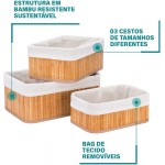 Kit 3 Cestos Organizadores Bambu com Forro Removível Multiuso Banheiro Cozinha Lavanderia Decorativo - Imagem 6