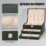 Caixa Organizadora de Joias 3 Andares com Chave — Porta Joias Grande em Couro e Veludo, 88 Brincos + 36 Anéis + 15 Colares, Gavetas para Relógios e Pulseiras (Verde) - Imagem 6