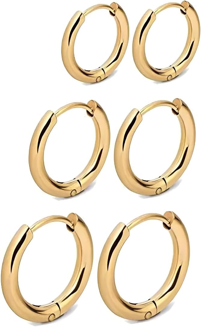 Kit Brincos de Argolas Lisas Douradas 3 Furos com 3 tamanhos Folheados a Ouro Feminino Mulheres Meninas 3 Pares Moda Casual Formal e Com Fechos Tipo Click Pequeno Médio e Grande - Imagem 6