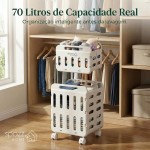 Cesto de Roupa Suja Duplo com Rodas – Grande Capacidade ~70L, Dobrável, Organizador de Lavanderia em 2 Andares com Trava e Alça Retrátil – Branco - Imagem 3