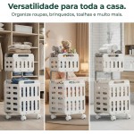 Cesto de Roupa Suja Duplo com Rodas – Grande Capacidade ~70L, Dobrável, Organizador de Lavanderia em 2 Andares com Trava e Alça Retrátil – Branco - Imagem 4