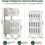Cesto de Roupa Suja Duplo com Rodas – Grande Capacidade ~70L, Dobrável, Organizador de Lavanderia em 2 Andares com Trava e Alça Retrátil – Branco - Imagem 6