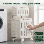 Cesto de Roupa Suja Duplo com Rodas – Grande Capacidade ~70L, Dobrável, Organizador de Lavanderia em 2 Andares com Trava e Alça Retrátil – Branco - Imagem 8