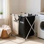 Cesto de Roupa Suja Duplo com Divisória Claro e Escuro — Dobrável, 60L (2x30L), Estrutura Alumínio e Poliéster Lavável, Organização para Lavanderia, Preto e Branco - Imagem 4