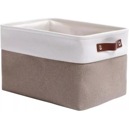 Caixa Cesto Organizador Decorativo de Tecido Linho Dobrável com Alça em Couro Ecológico Multi Uso 38x28x24 cm (Bege)