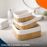 3 Cestos Organizadores de Bambu Premium Multiuso para Banheiro Cozinha e Lavanderia - Imagem 2