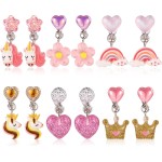 6 pares de brincos de pressão, brincos coloridos não perfurados com clipe de resina, coroa de arco-íris, flor, coração, clipes de orelha para meninas, crianças, acessórios de joias de princesa,