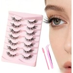 7 pares de cílios postiços olho de gato com pinça e escova, cílios curvados curtos e fofos 8D de volume fino, reutilizáveis para iniciantes